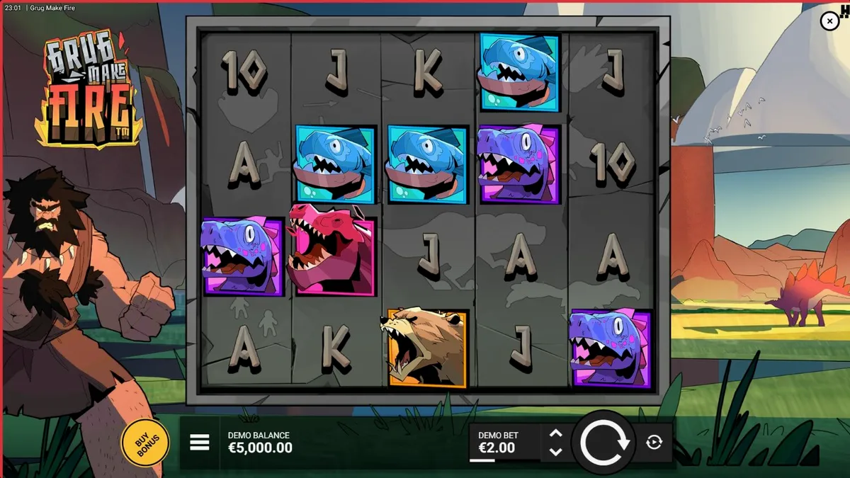 Grug ang caveman sa harap ng maapoy na reels ng slot machine